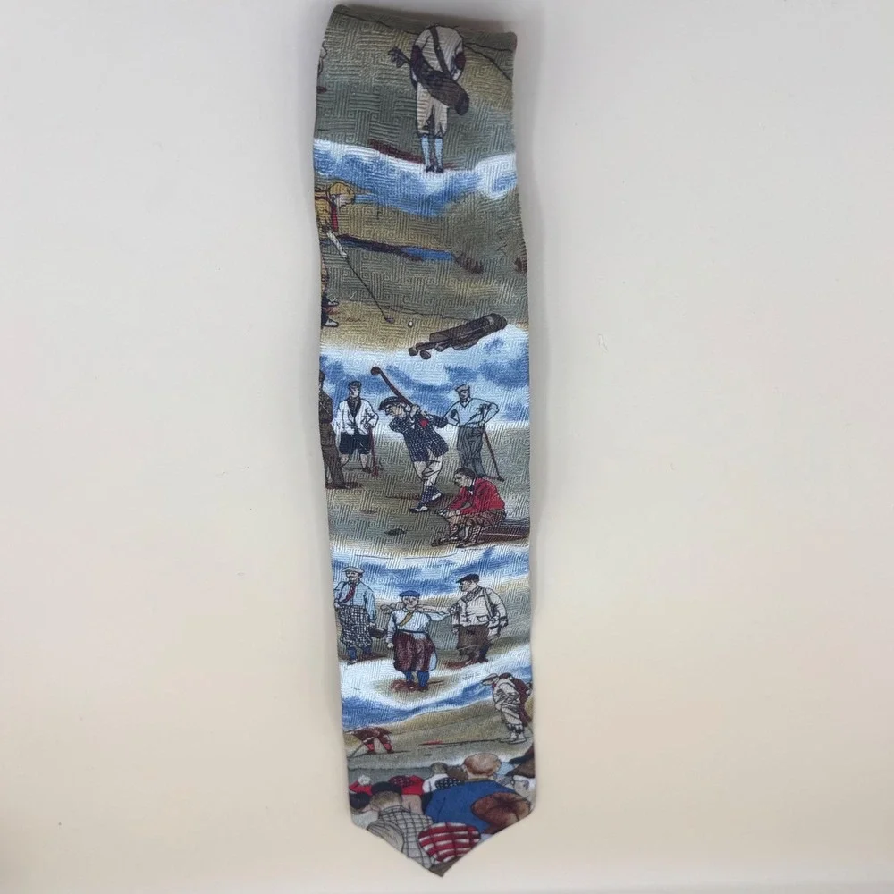 Tango by Max Raab Necktie Mens OS Green Vintage Golf Scene Silk Excellent Preppy